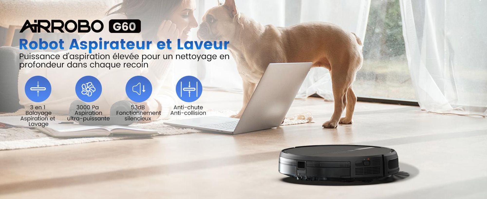 AIRROBO G60 : robot aspirateur 2-en-1 (sec/humide) avec fonction de lavage, 4000 Pa