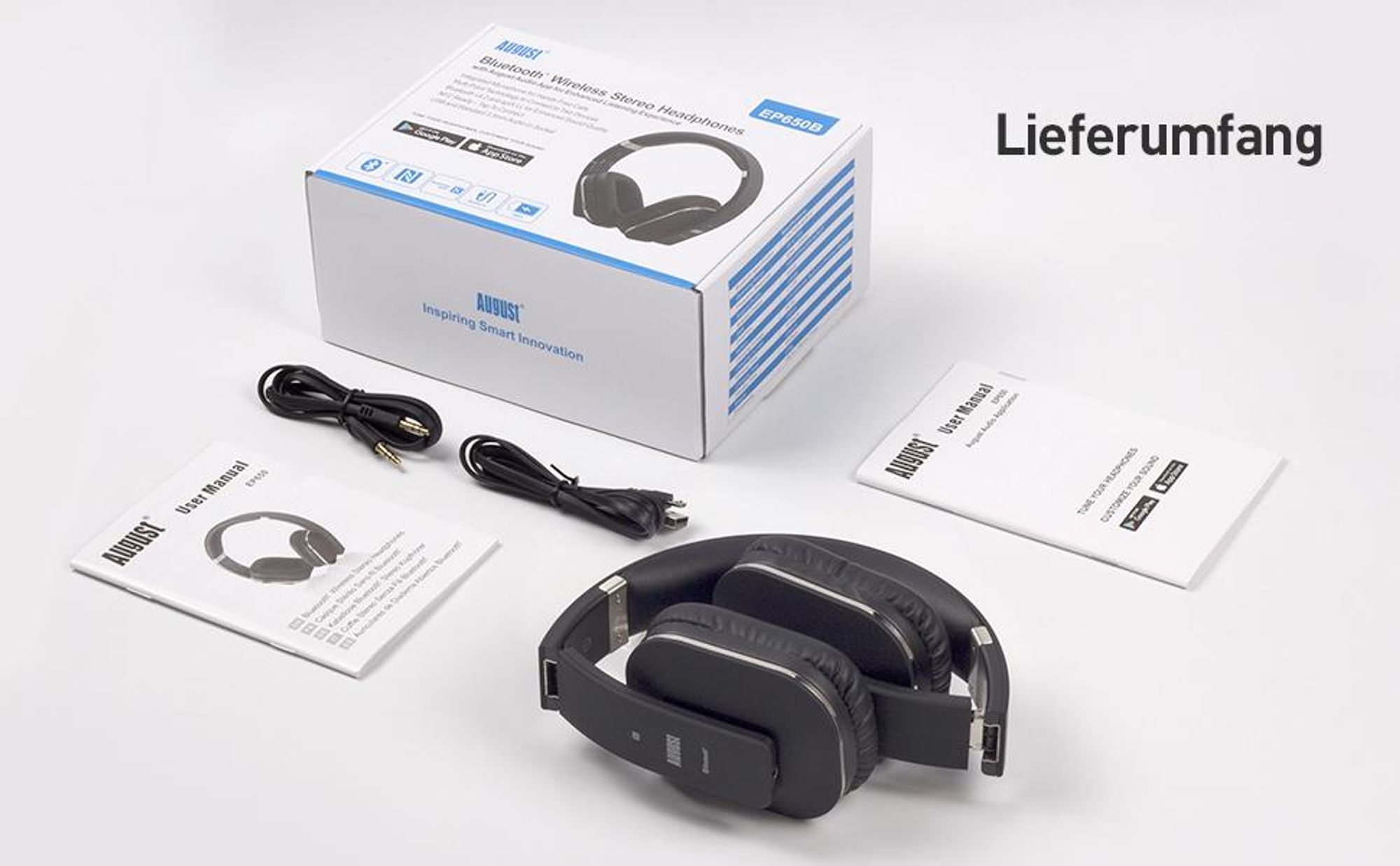 Over-Ear Kopfhörer Bluetooth 5.1, NFC, 20h Akku, Bass , Audio App - August EP650