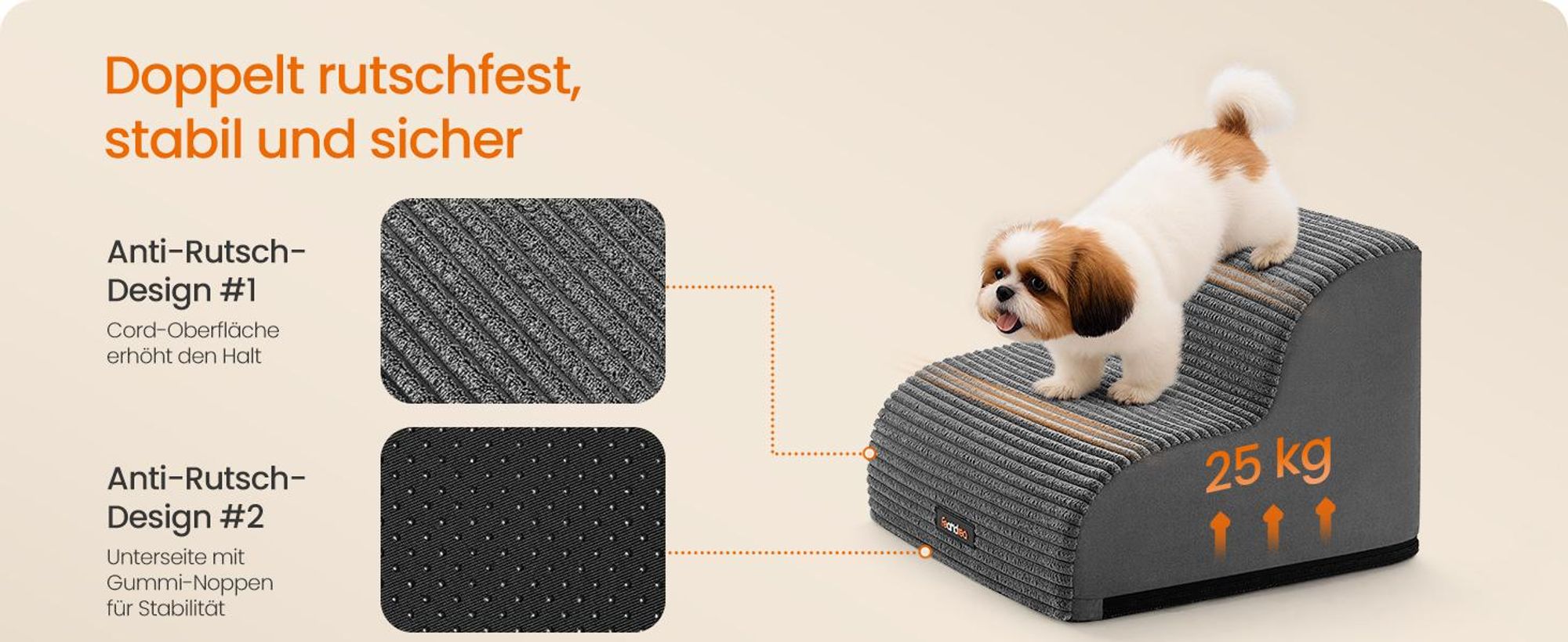 Feandrea Hundetreppe, 2 Stufen, Cord mit Querstreifen, Haustiertreppe, für Bett, Sofa, wasserdicht, rutschfest, geringe Neigung