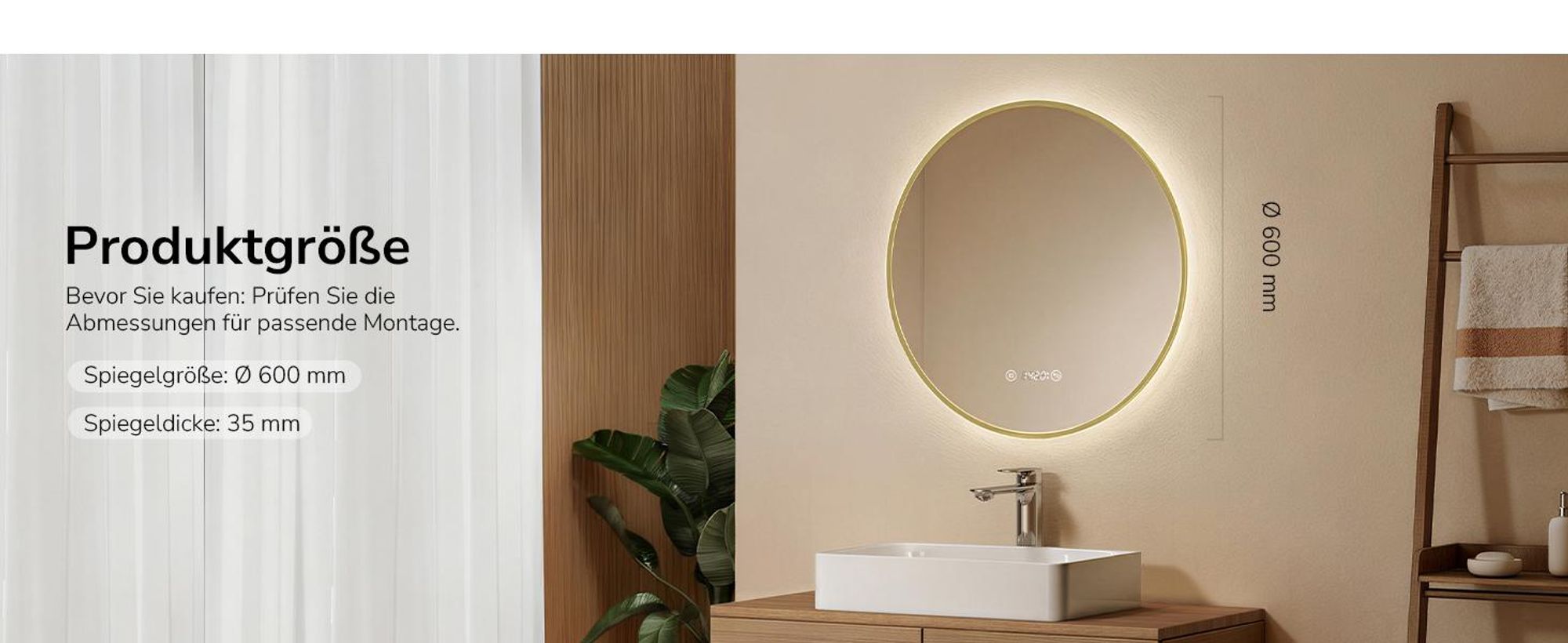 EMKE Badspiegel Rund LED Spiegel mit Beleuchtun ф60cm Gebürstetem Goldrahmen Rund Badezimmerspiegel mit Beschlagfrei, Uhr, Temperatur, Dimmbar, Memory-Funktion - Neutrale Lichts 4300K