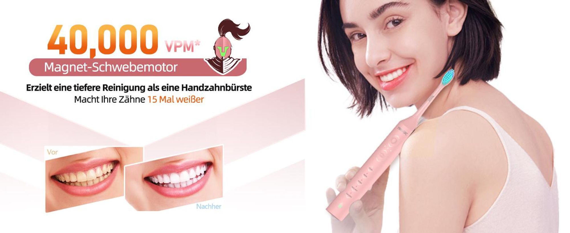 7Magic Elektrische Schallzahnbürste, Deep Clean Modi, 6 Bürstenköpfe, schnelle Aufladung für 60 Tage&40000 VPM, 5 Modi, Erwachsene und Kinder, Rosa