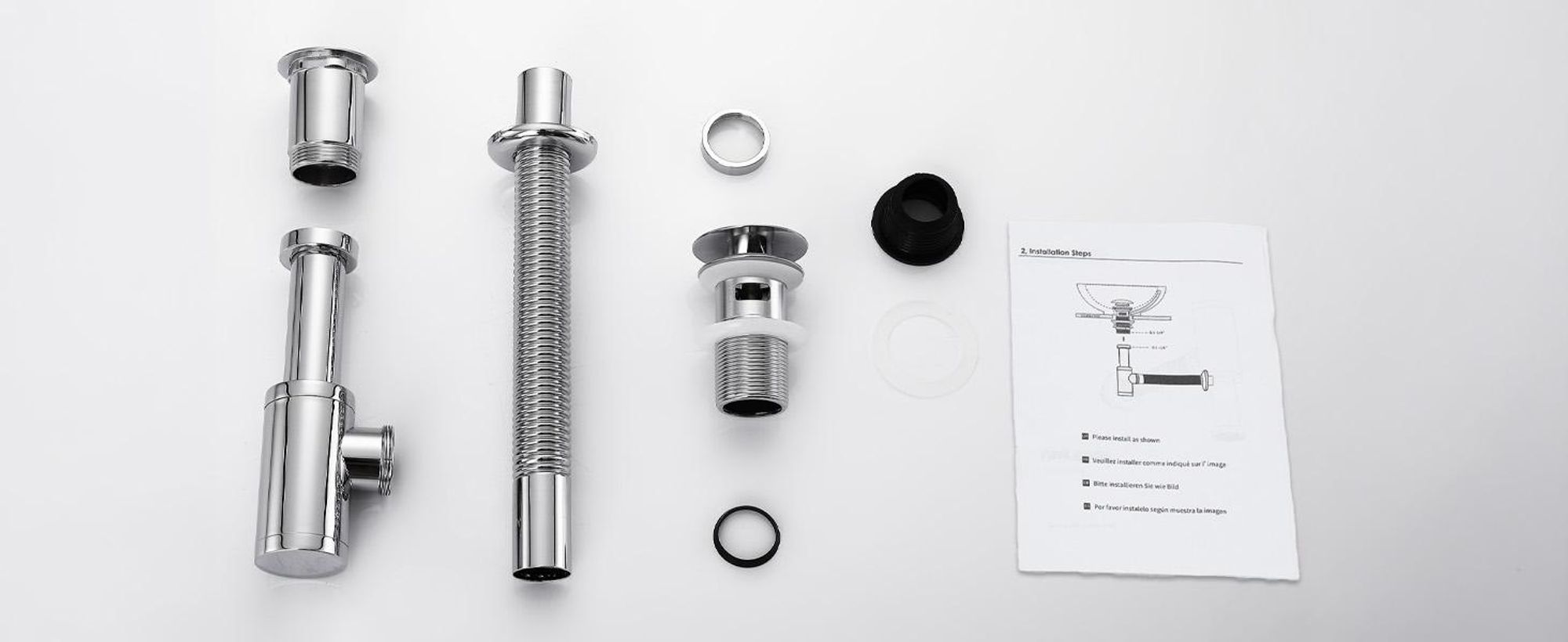Siphon Pop Up Ablaufgarnitur mit Überlauf Universal Röhrensiphon Set für Waschbecken Waschtisch Bad Geruchsverschluss Stöpsel Abfluss Garnitur Chrom