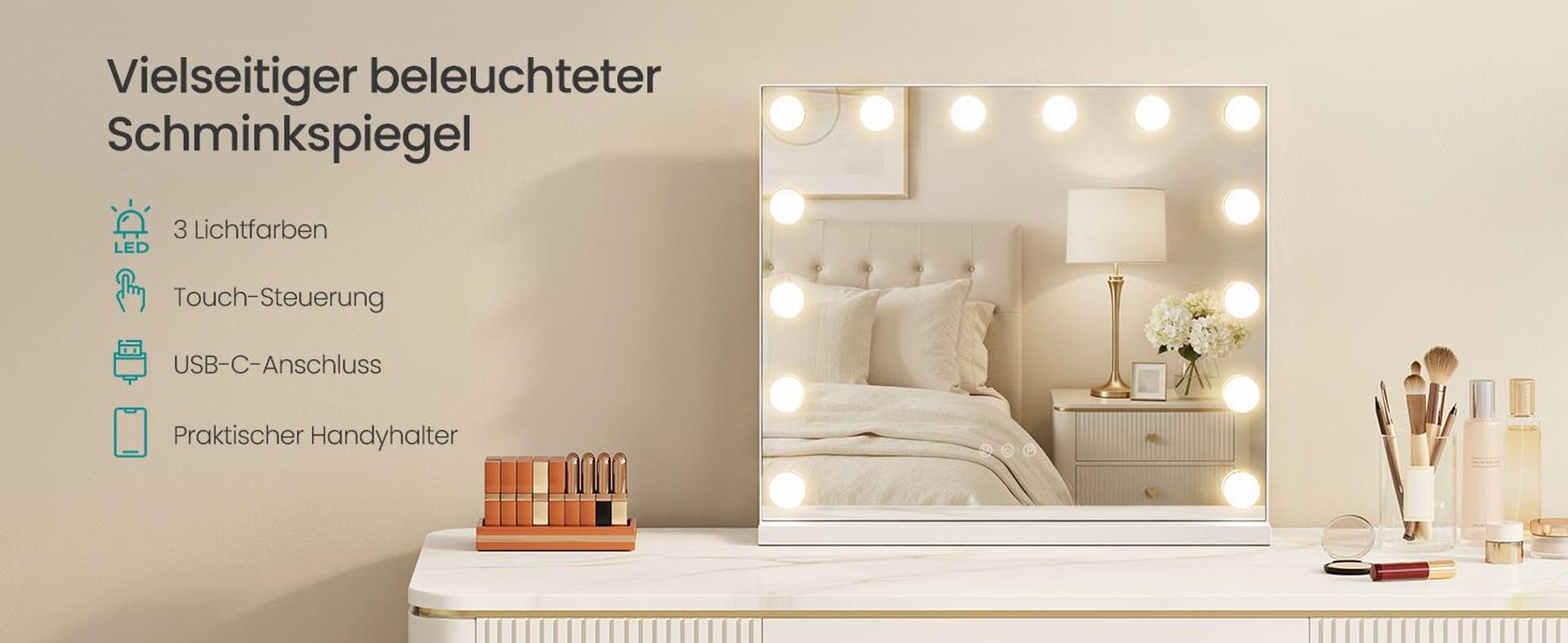 SONGMICS Schminkspiegel mit 14 LEDs und 10x Vergrößerung, 3 Lichtfarben, 44 x 50 x 5,7 cm, Weiß