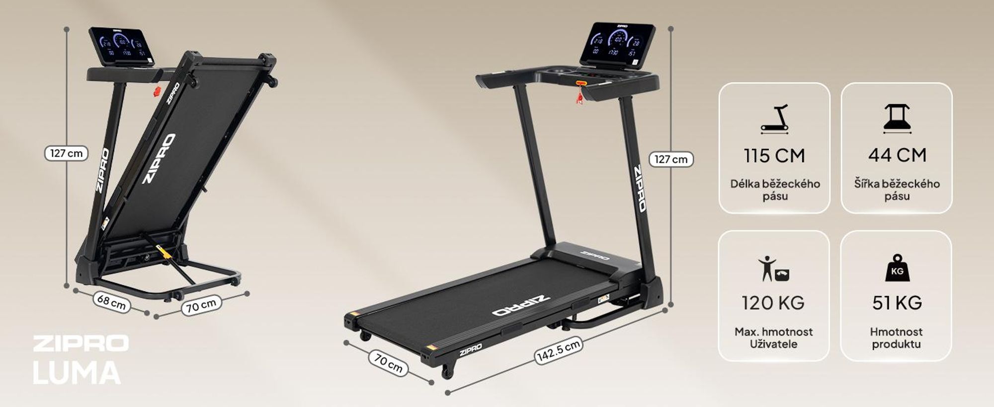 ZIPRO Luma Sklopný bežecký pás so sklonom – Elektrický bežecký pás pre domáce použitie 12 km/h Domáci trenažér Fitness zariadenie Kinomap App Bluetooth