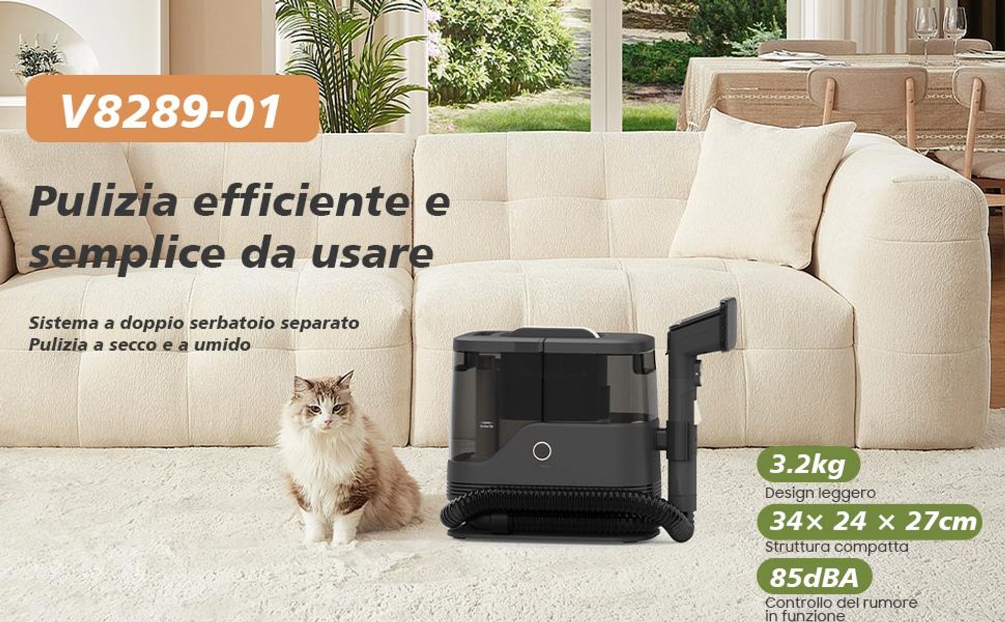 Aspirapolvere umido per tappezzeria – 400W, 13 kPa di aspirazione, portatile, per tappeti, divani e auto