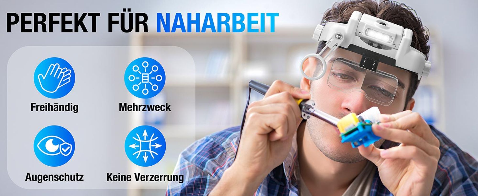 Lupenbrille mit Licht, LED Kopfbandlupe, Lupe mit Licht, 1- bis 14-fache Vergrößerung, mit 6 abnehmbaren Linsen, für Reparieren, Modellbau, Lesen
