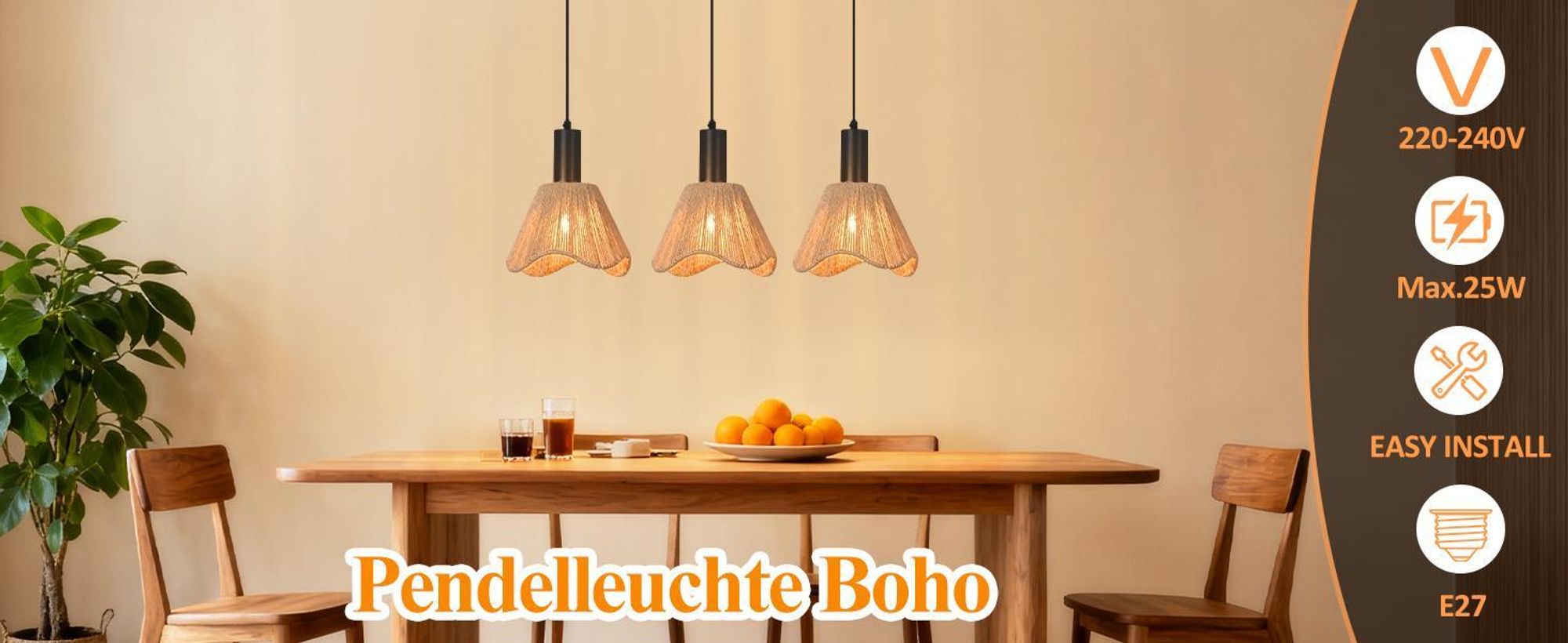 ZMH Lampe suspendue en rotin 3 flammes Lampe de table à manger Vintage Tressée Lampe à suspension Abat-jour Lampe à suspension pour salle à manger Chambre/Sans ampoules
