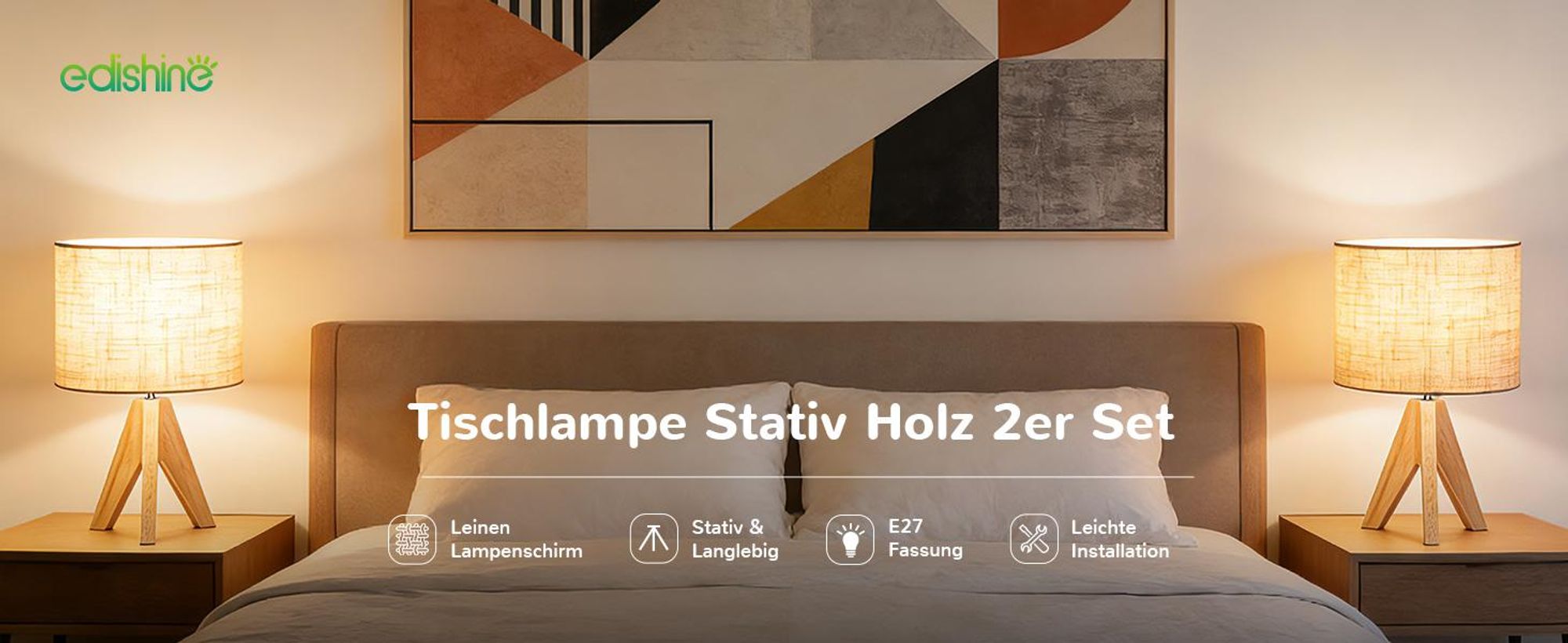 EDISHINE 2er Set Tischlampe Holz, LED Nachttischlampe inkl. Leuchtmittel, Vintage Tischleuchte für Schlafzimmer, Wohnzimmer, Geschenk