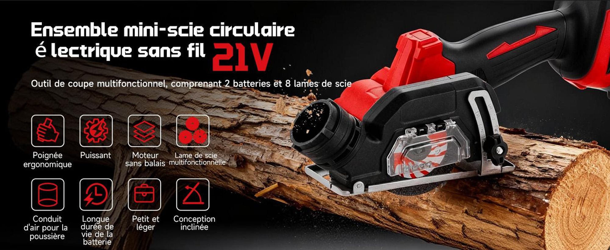 TEENO Scie circulaire sans fil, 2x4000 mAh batteries, 20000 tr/min, Mini scie circulaire, 4 lames incluses (76 mm), Pour bois