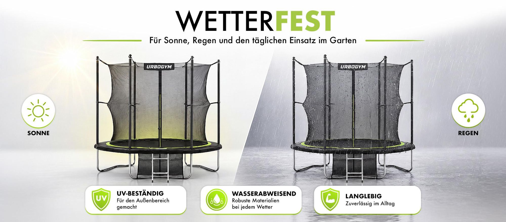 urbogym jumper 10ft trampolin wetterfest für sonne regen und garten