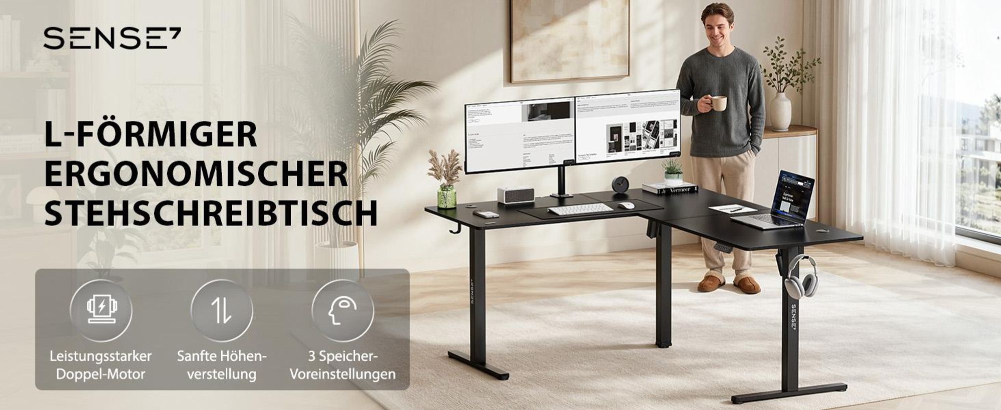 SENSE7 NOJO Light Corner Eckschreibtisch Elektrisch Höhenverstellbar 160x140 L-Form Stehschreibtisch Doppelmotor Memory Tischgestell Schwarz
