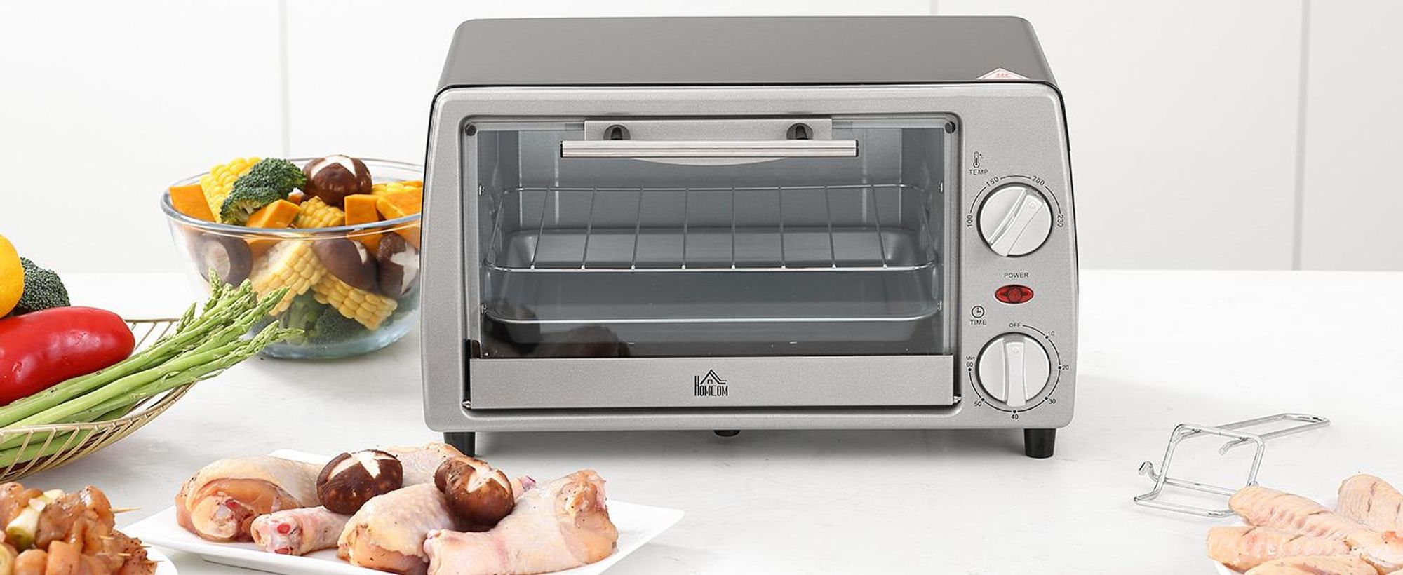 HOMCOM Mini Backofen 10 Liter 750W Kleiner Elektrobackofen, Silber