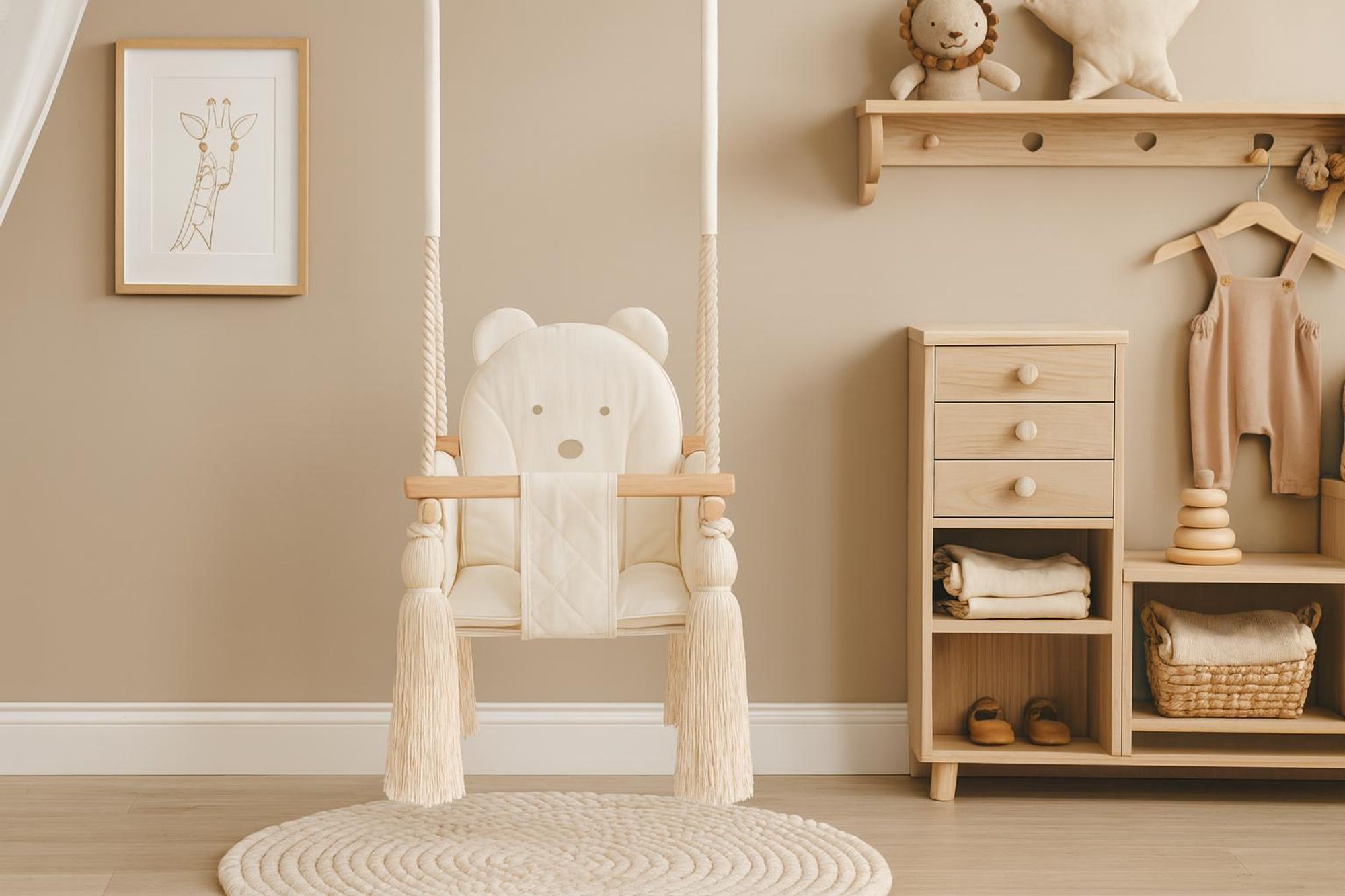 Indoor-Babyschaukel Beige aus Velvet – Mit Sicherheitsgurten, Teddybär-Design, Holzrahmen – Hergestellt in der EU