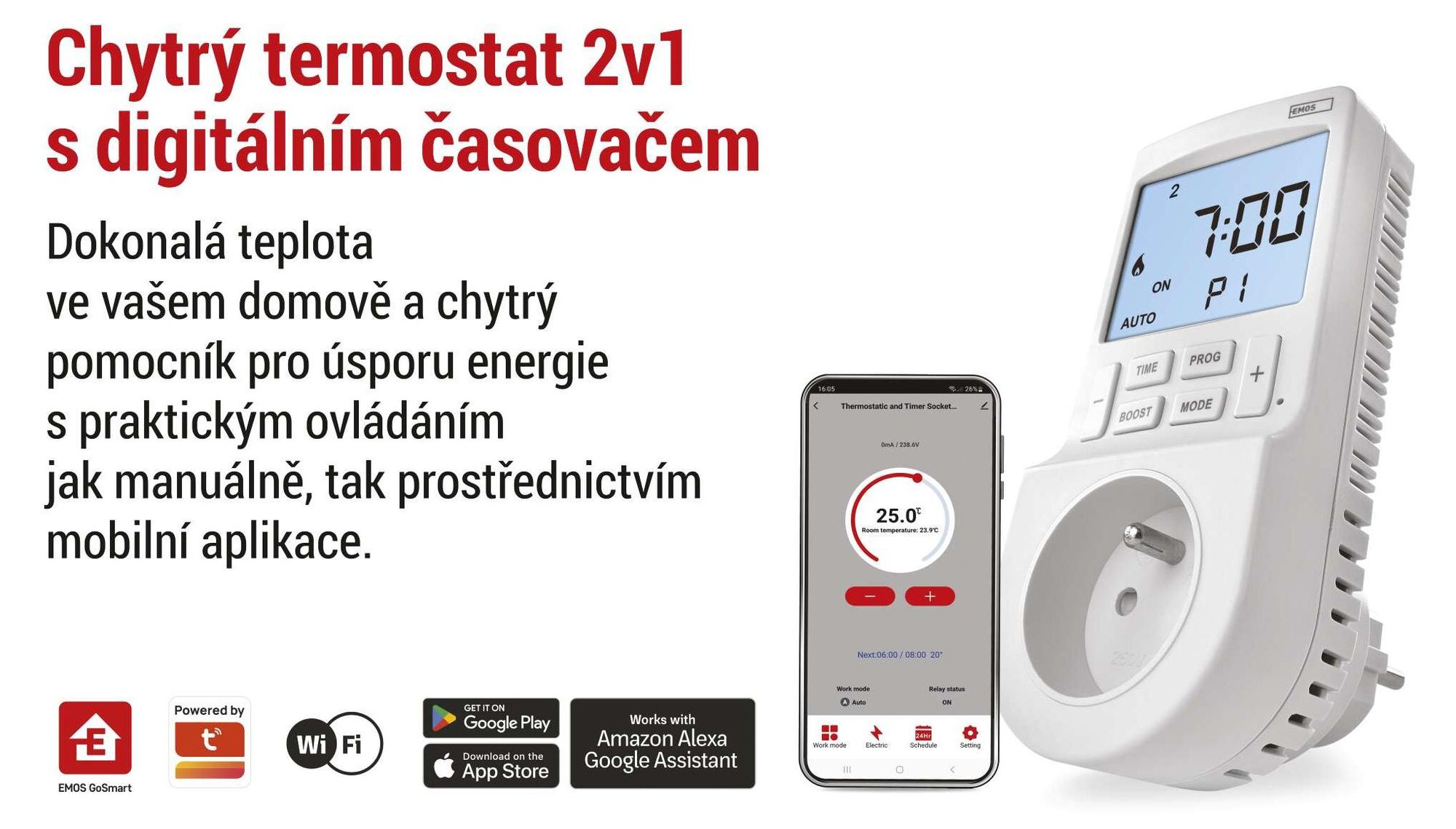 EMOS GoSmart 2v1 zásuvkový termostat a časovač s aplikací, chytrý domácí pokojový termostat + zásuvka s časovačem pro vytápění/chlazení, P56601FR