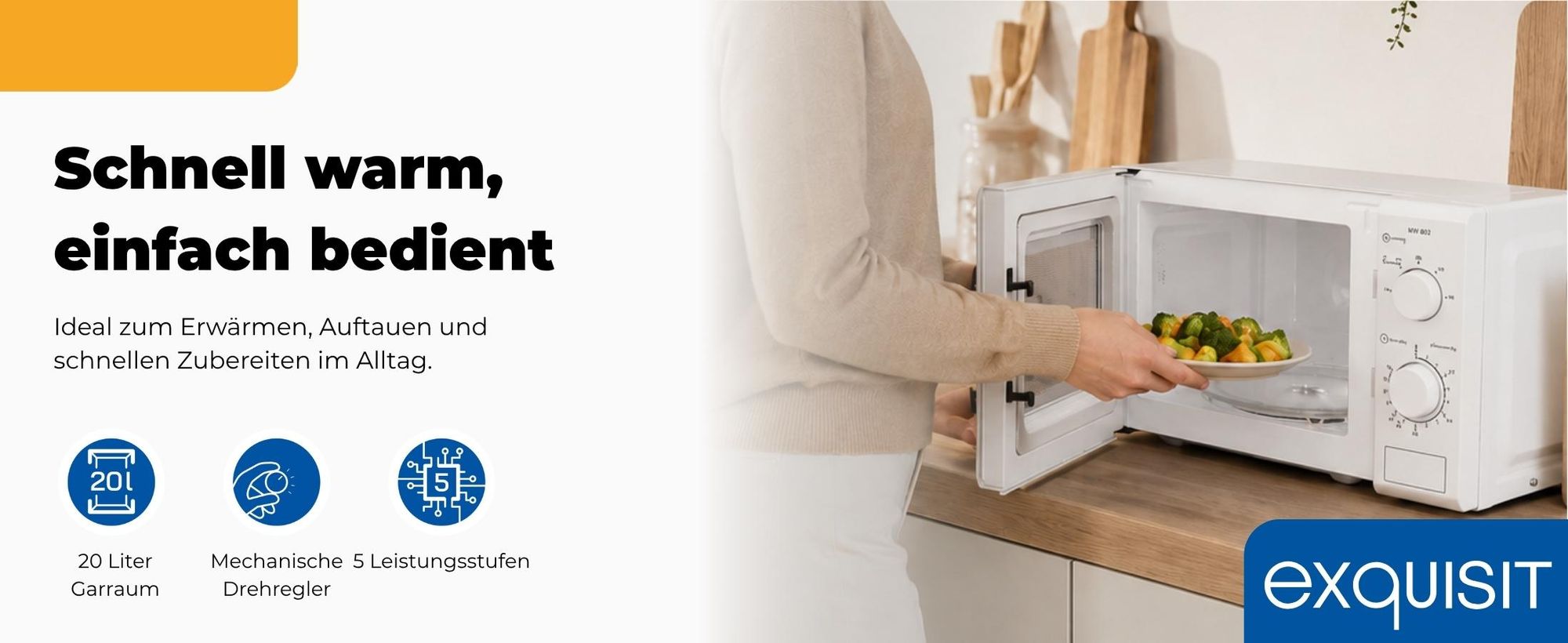 Exquisit Mikrowelle 20L, 700 Watt, 25,5cm Drehteller, 5 Leistungsstufen, Timer, Auftaufunktion, 2 Drehregler, MW 802 weiss
