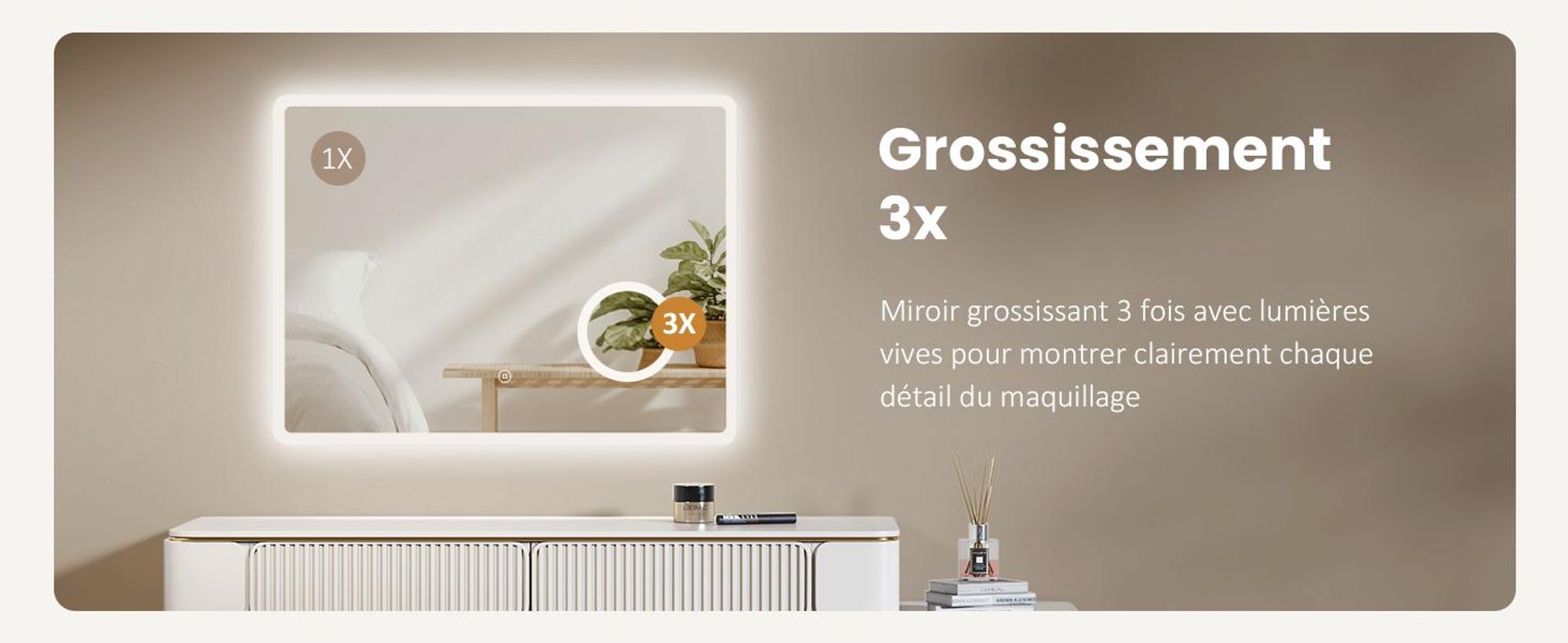 EMKE Miroir de salle de bain avec grossissement 3x Interrupteur tactile 3 couleurs de lumière Variable Antibuée 80X60cm