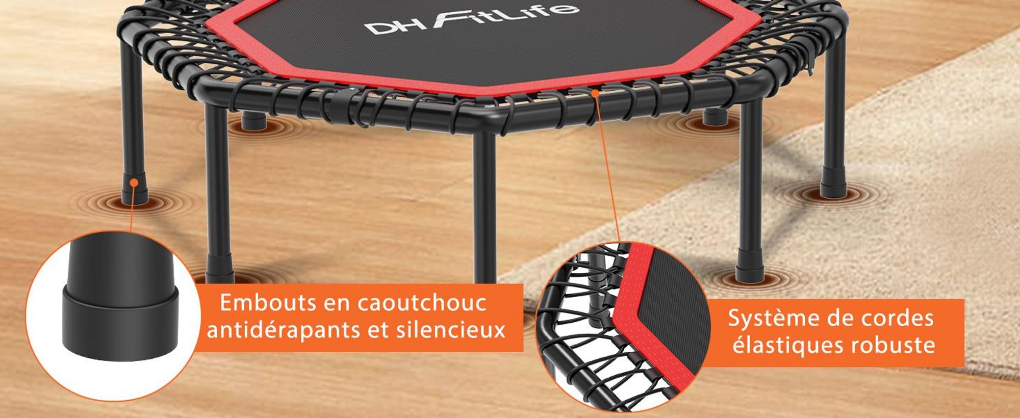 Trampoline de Fitness DH FitLife Pliable Ø121 cm – Capacité 150 kg, 3 Niveaux de Poignées Réglables, Stable et Silencieux pour Enfants et Adultes