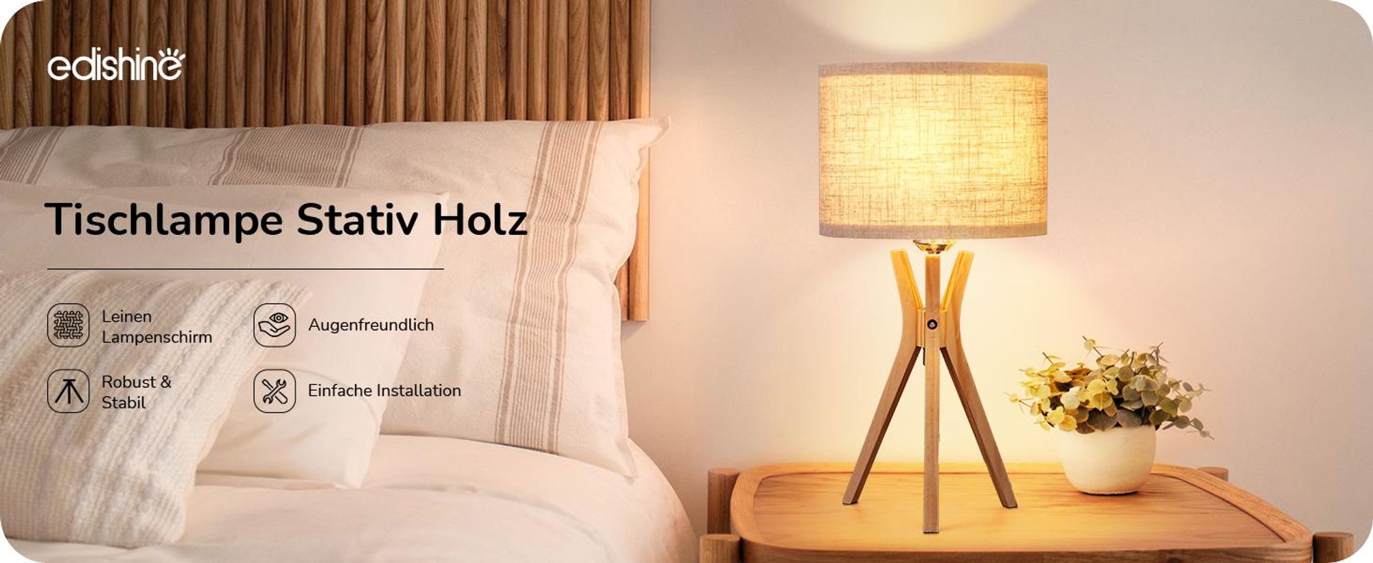 EDISHINE Nachttischlampe Holz, LED Tischlampe mit Leinen Lampenschirm, Beige