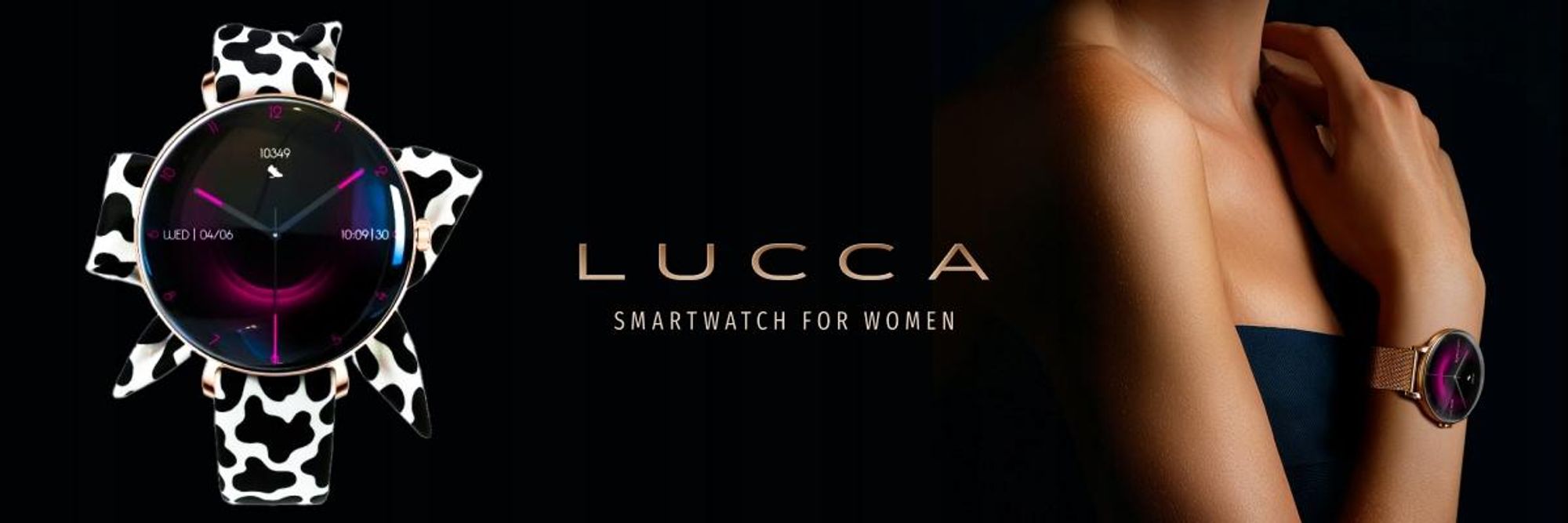Forever Smartwatch dla modnych kobiet, Bluetooth, AMOLED, można dzwonić bezpośrednio z zegarka SB-370 Lucca różowe złoto - bransoleta Spotted