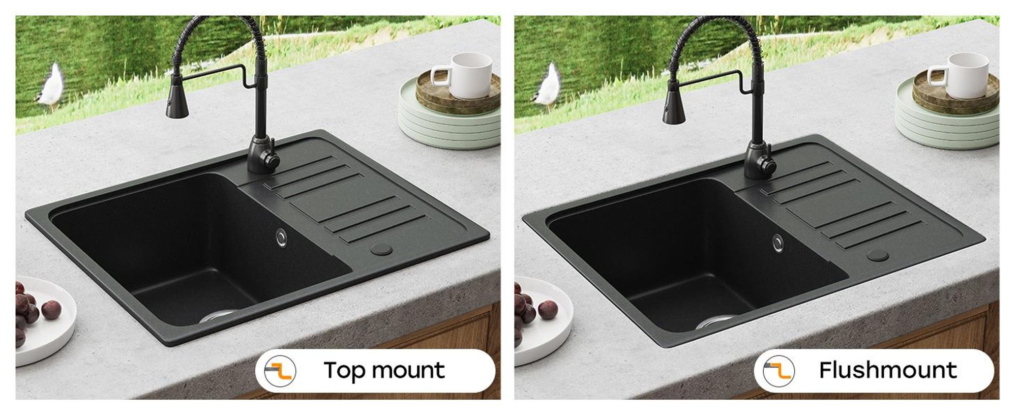 HOROW 57x45 cm Granitspüle Granit Küche Spüle Schwarz 1 Becken Einbauspüle mit Reversible Installation, Spülbecken mit Siphon Ab- und Überlaufgarnitu