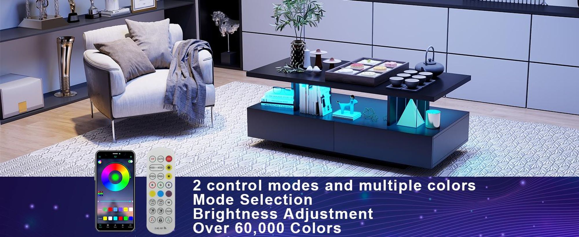 Puluomis salontafel met lade, RGB-lichtbalk met app-bediening, afstandsbediening, salontafel, woonkamertafel, bijzettafel voor de woonkamer, zwart