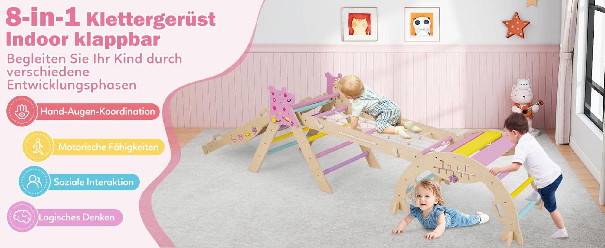 COSTWAY Klettergerüst Indoor 4er Set, klappabre Kletterdreieck mit Rutsche, Kletterbogen, Netz, doppelseitige Rampe, Baustein Set&2 Autos für Kinder1+