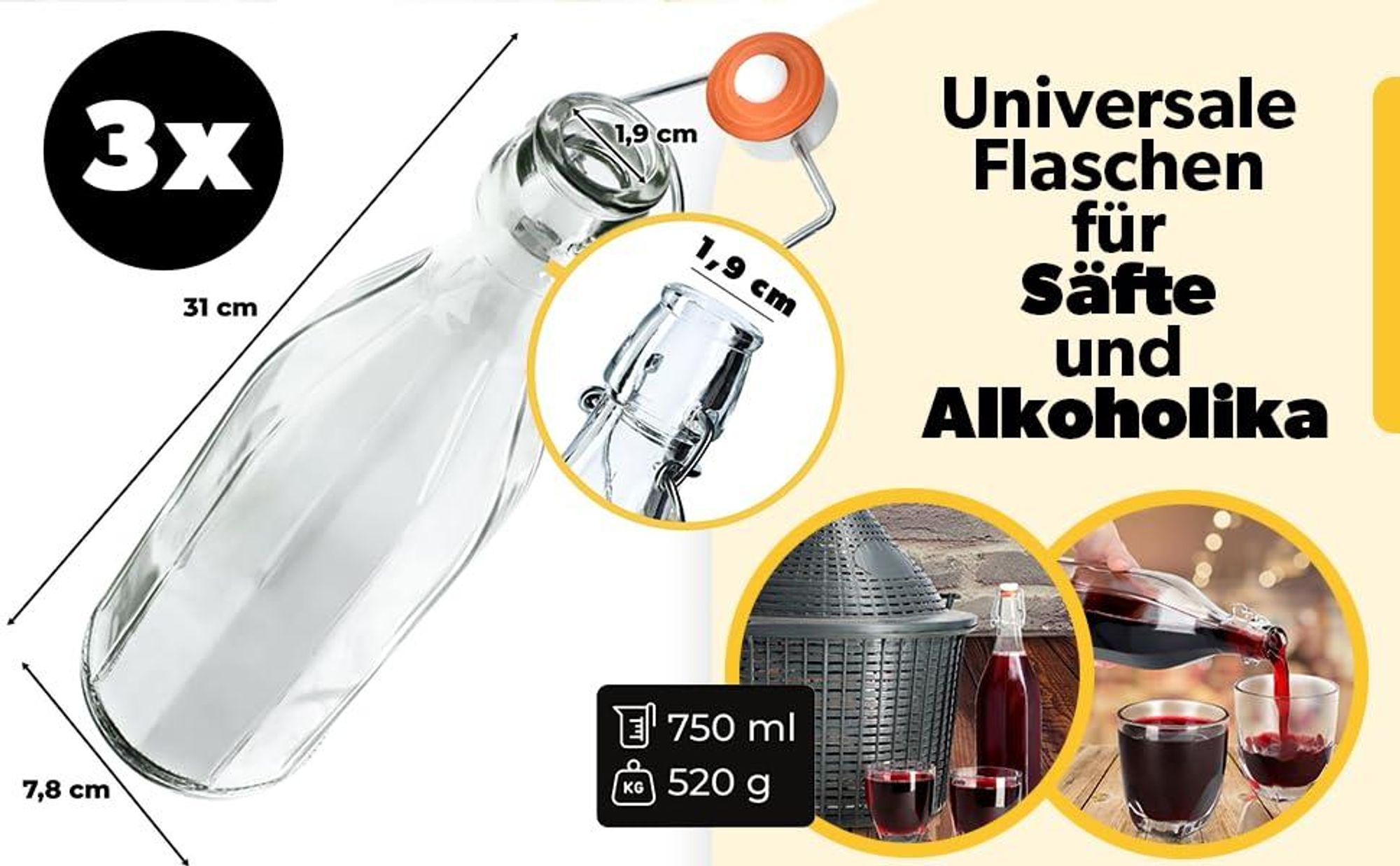 KADAX Universale Flasche mit Bügelverschluss "Tore", Glasflasche, Saftflasche, Transparent, 1000 ml, 3 Stück