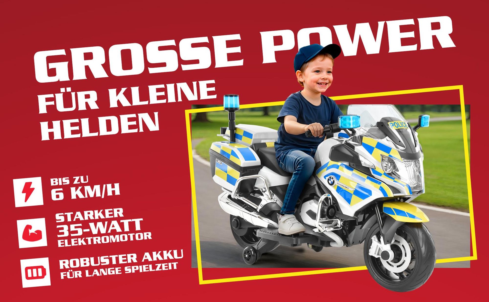 HECHT Kinder Motorrad | BMW R1200RT Polizei | bis 6km/h | 35W | mit Stützräder | Koffer | Radio | Blaulicht | Sirene