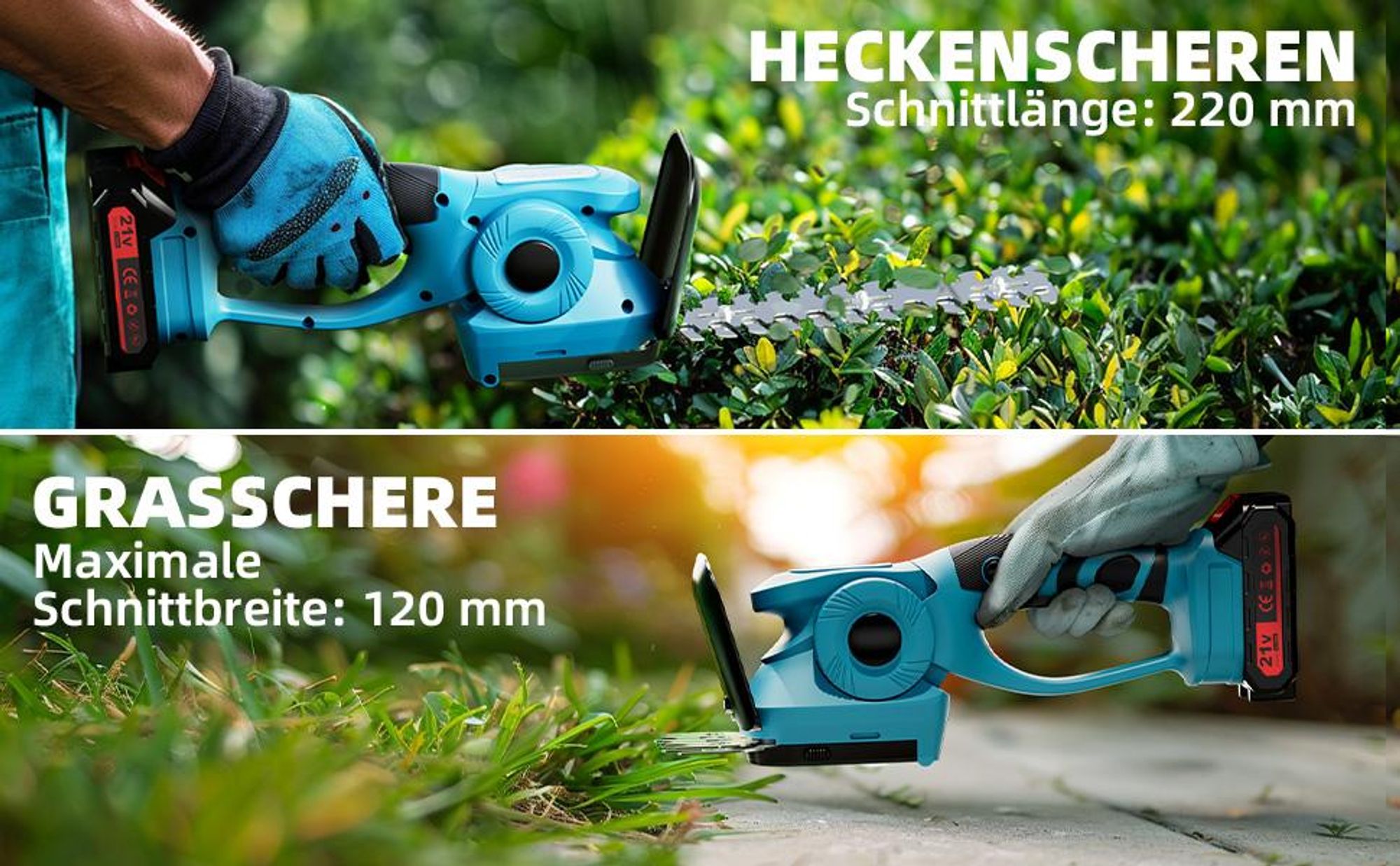 Akku Heckenschere mit drehbarem Griff, 220mm & 130mm Klingen, inkl. 2000mAh Akkus & Ladegerät, Grasschere für präzise Formschnitte im Garten