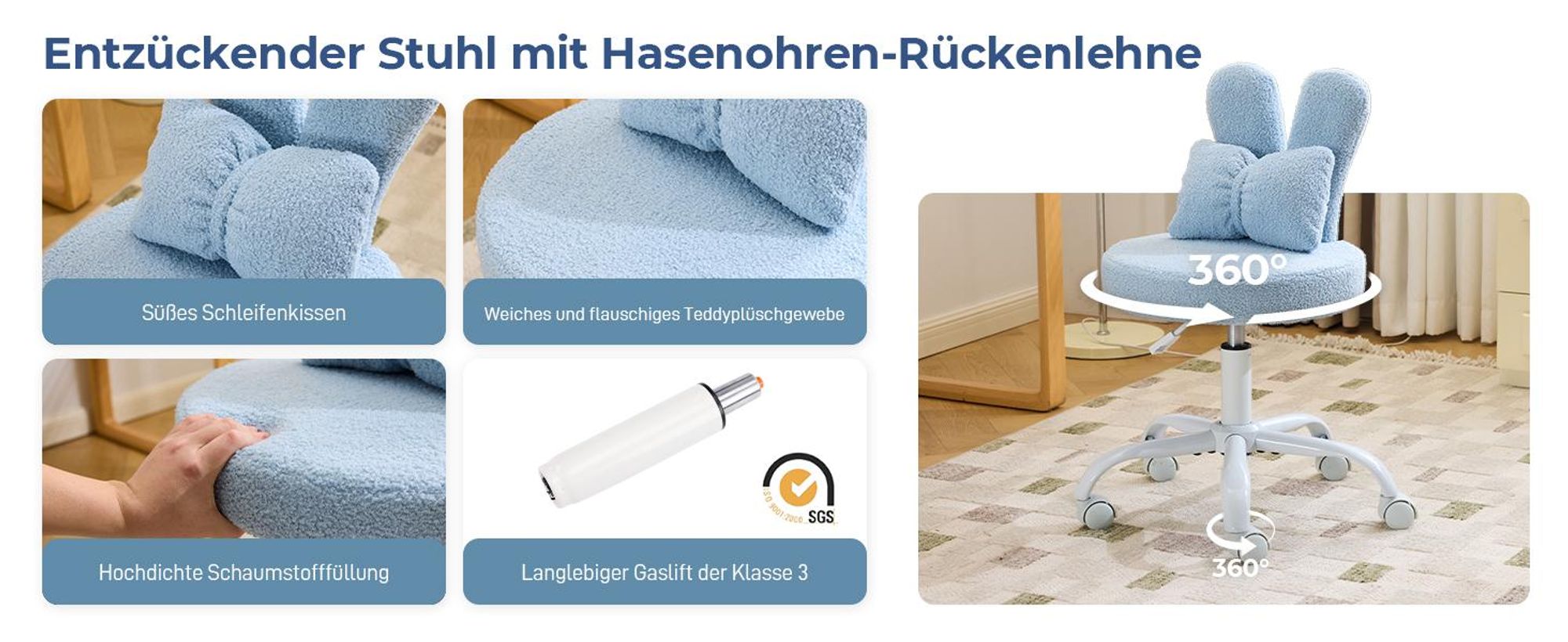 FCH Kaninchenohren-Design Drehstuhl, Homeoffice Stuhl, Kinder Schreibtischstuhl kinderschreibtischstuhl Jungendstuhl Hasenohr, 360°, blau
