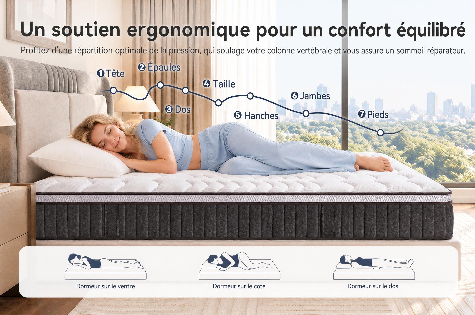 Matelas 180x200 cm, 22 cm d'épaisseur, avec sommier intégré. Matelas à 7 zones avec ressorts ensachés, fermeté H3/H4
