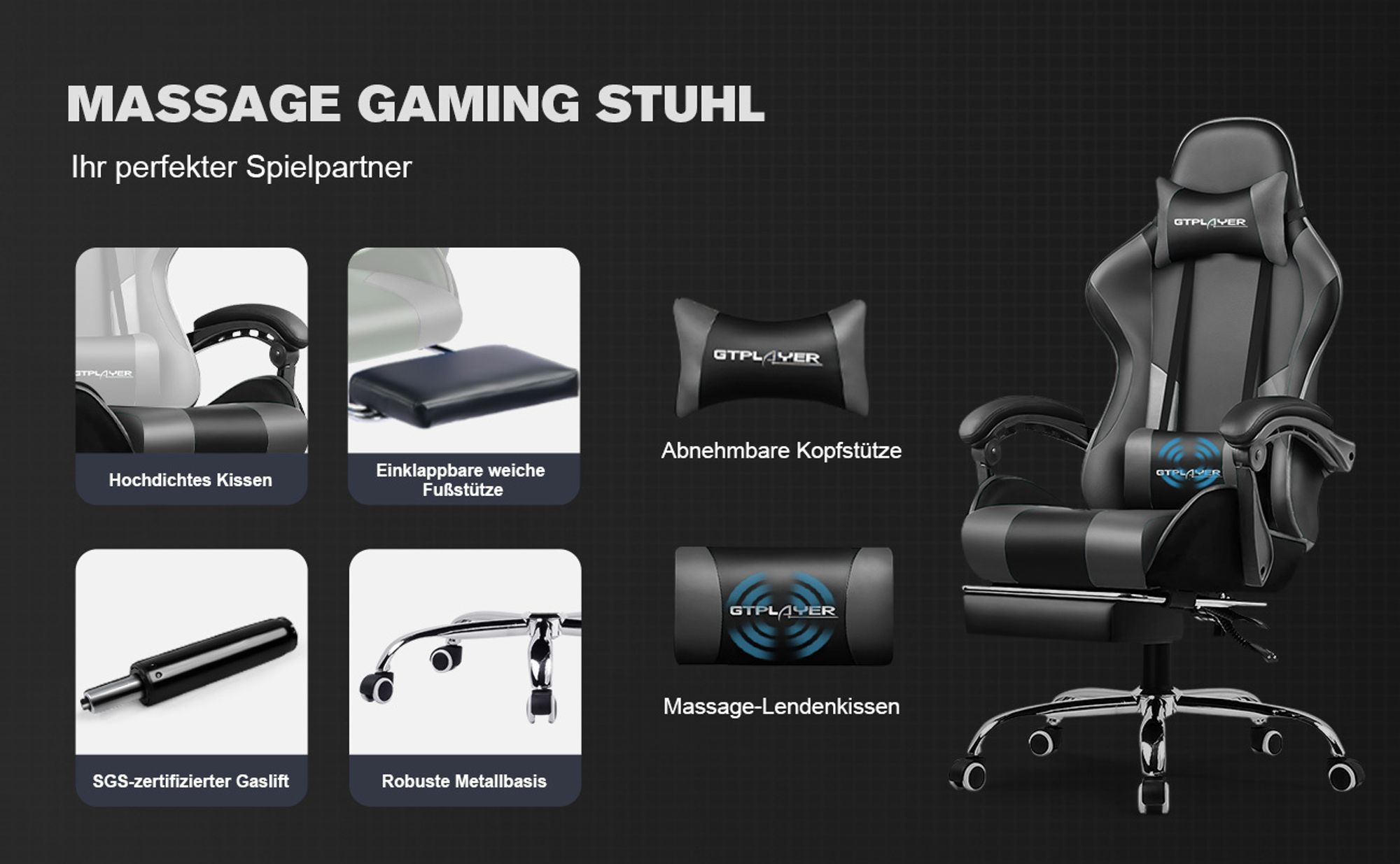 GTPLAYER Gaming-Stuhl Schreibtischstuhl, Ergonomischer Bürostuhl Mit Massagefunktion und Fußstütze, Gestänge Handlauf, Fußkreuz aus Stahl, Grau