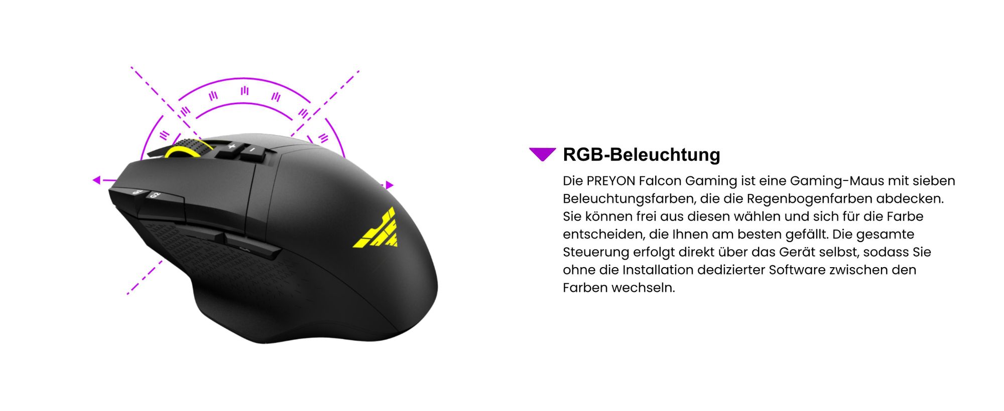 PREYON Falcon Gaming Spielmaus Robuste Gaming-Maus - Sensoren Pixart PAW 3327 - Schwindelerregende 12400 DPI - RGB Beleuchtung - Schalter Omron 20M - Software - Gummigriffe