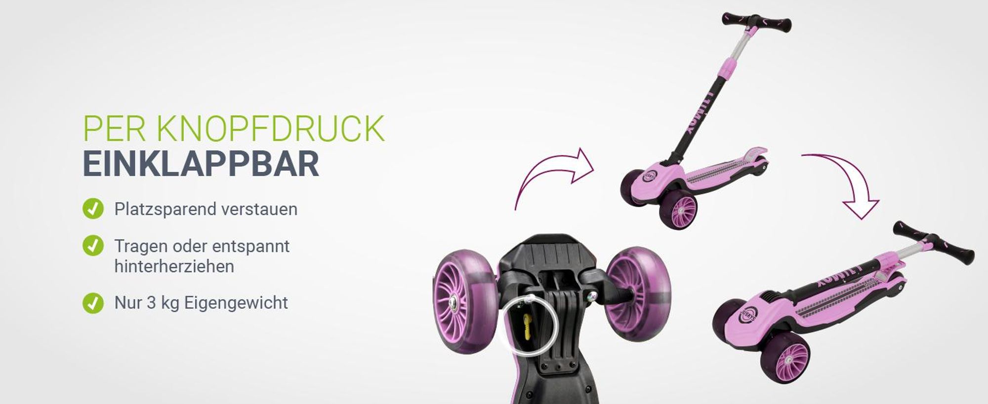 JUSKYS® Kinderroller Lumox - Rosa, LED Räder, höhenverstellbarer Kinderscooter