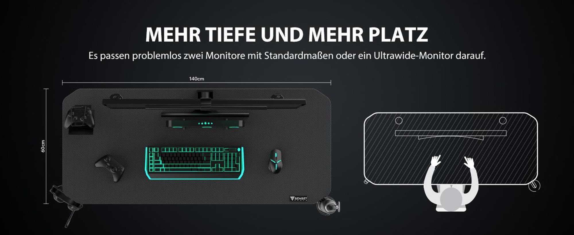 SENSE7 Nomad Basic Gaming Tisch Schreibtisch 140x60 cm Computertisch PC Tisch Gamer Desk Carbon-Optik Kopfhörerhalter Getränkehalter Kabelmanagement