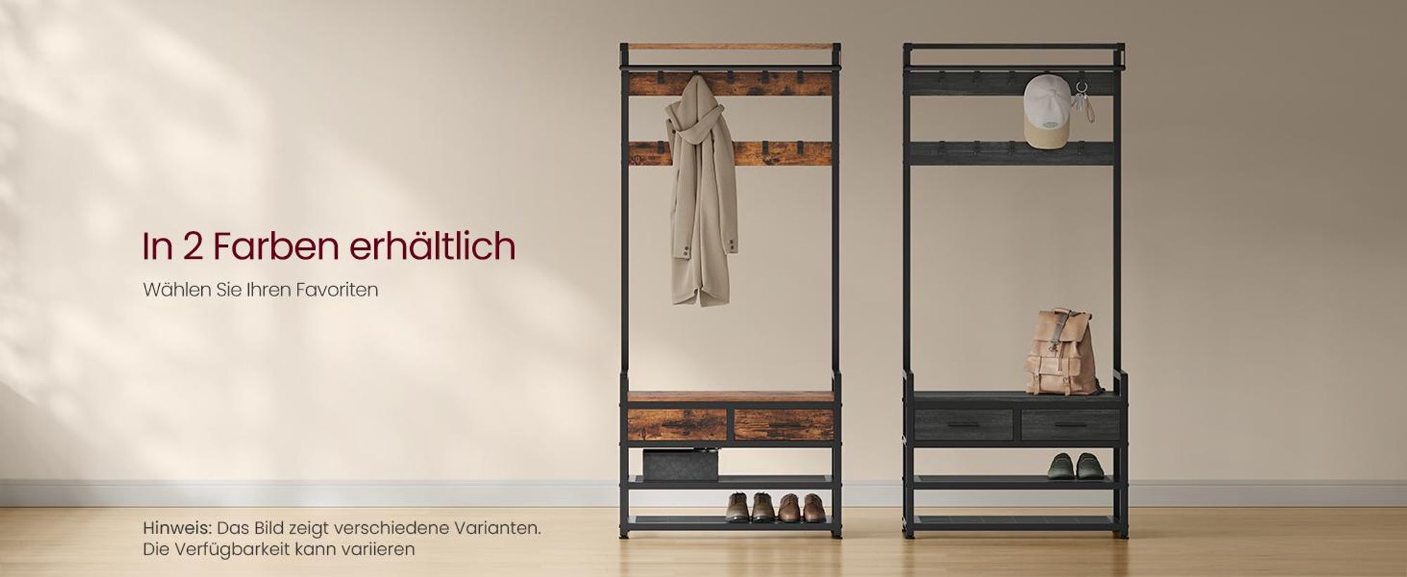 VASAGLE Garderobenständer mit Schuhbank, Garderobe, Schuhaufbewahrung, 2 Schubladen aus Stoff, 10 Haken, 6 seitliche Haken, 30 x 80,4 x 181,6 cm