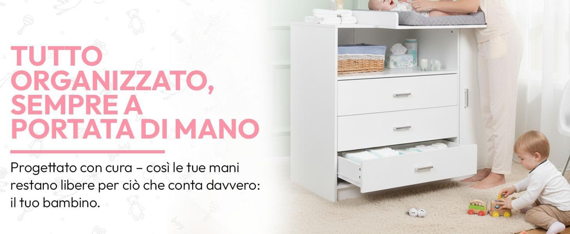 Cassettiera a fasciatoio, in legno, con piano a fasciatoio, 3 cassetti, 1 porta, altezza 100 cm, colore bianco, dimensioni 113 x 100 cm