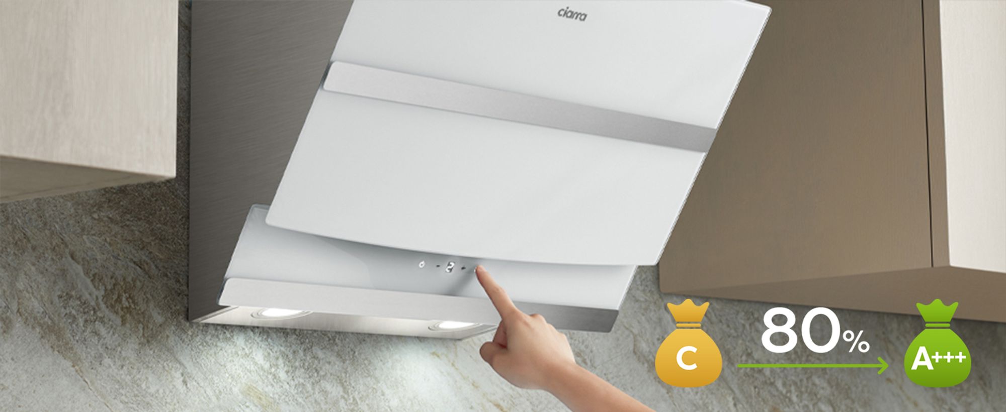 CIARRA A+++ 650 m³/h Dunstabzugshaube 60 cm Kopffreihaube WIFI + APP & Touch Control Booster VM6736NW
