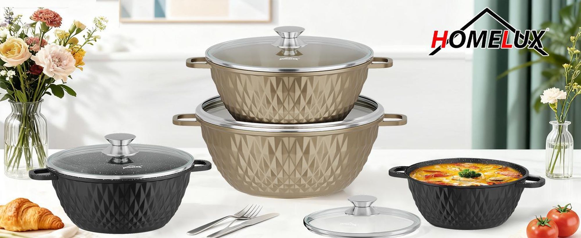 HOMELUX Topfset Induktion 8-teilig, 20/24/28/32cm Kochtopf Set mit Antihaftbeschichtet, Kochtöpfe Induktions für Alle Herdarten, Diamantform & Schwarz