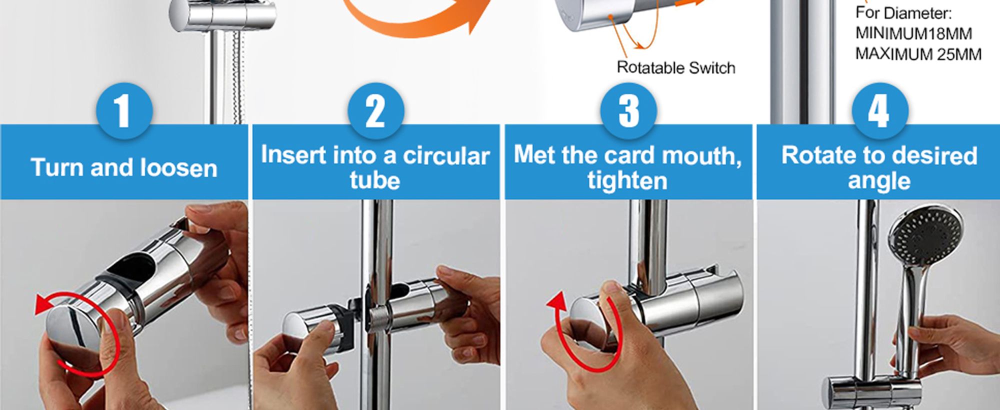 Duschbrause Halterung, Duschkopfhalter für Gleitstange Verstellbar 18-25 mm, Duschhalterung Ohne Bohren Handbrause Halter für Gleitstange 360° drehbar Brausehalter Duschkopfhalterung für duschstange