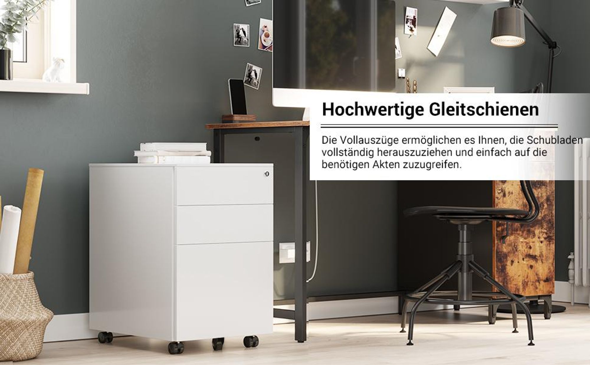 SONGMICS Rollcontainer, Stahl Büroschrank, Aktenschrank, weiß