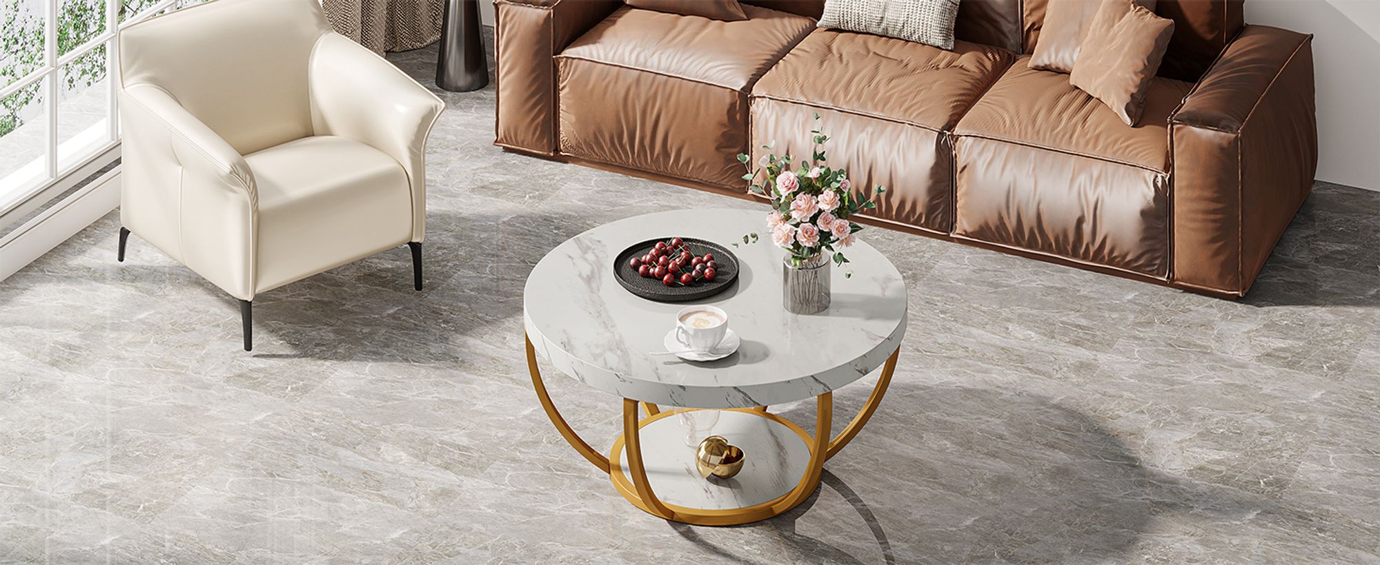 Tribesigns Moderner runder Couchtisch, 2-stöckiger Couchtisch mit weißem Marmor und goldenen Metallbeinen, runder Mitteltisch, Teetisch, Weiß und Gold