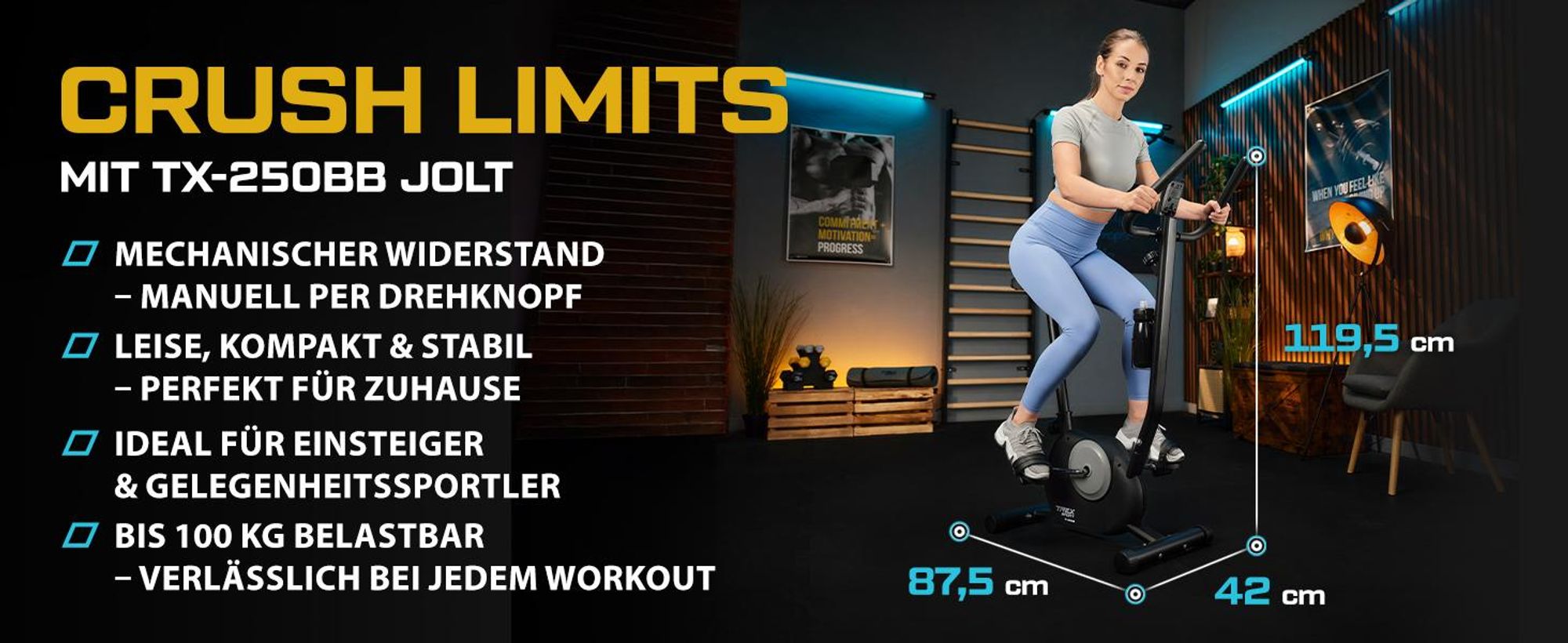 TREX SPORT Heimtrainer Fahrrad TX-250MB JOLT | Mechanisches Fitnessbike | Fahrrad für zuhause bis 100kg mit Pulssensor, 5 Sitzhöhen, stabil | Schwarz