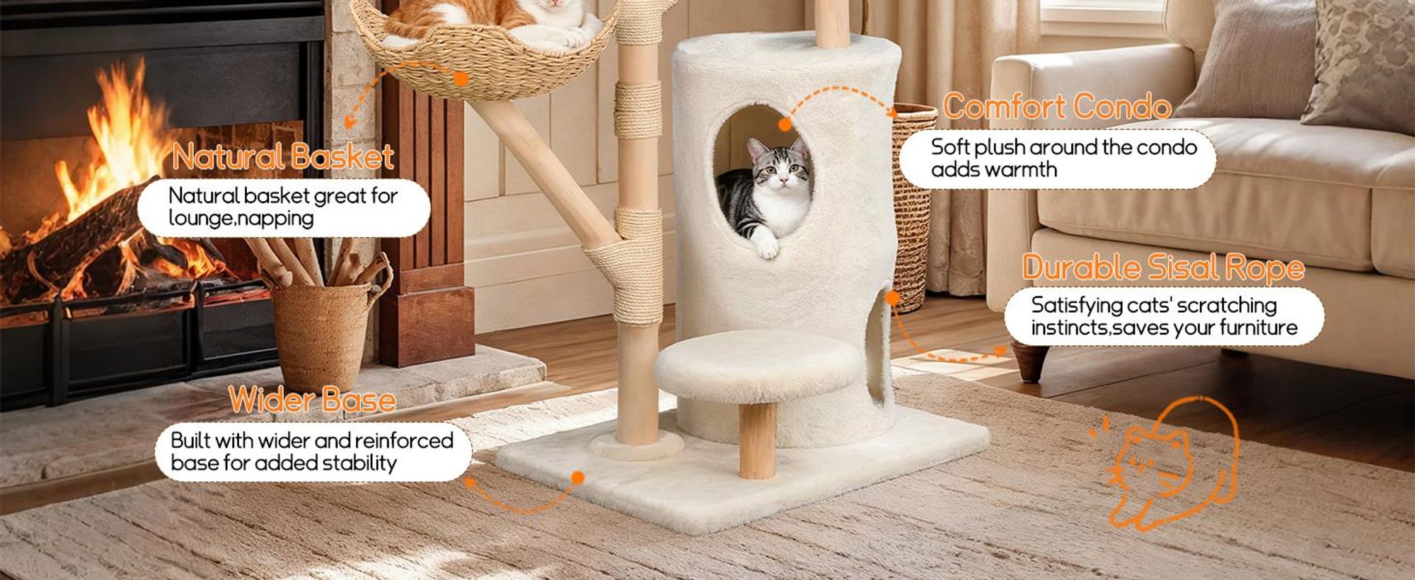 WISFOR Katzenkratzbaum 136cm hoch, mehrstufig Katzenbaum mit Korb Spielball beige