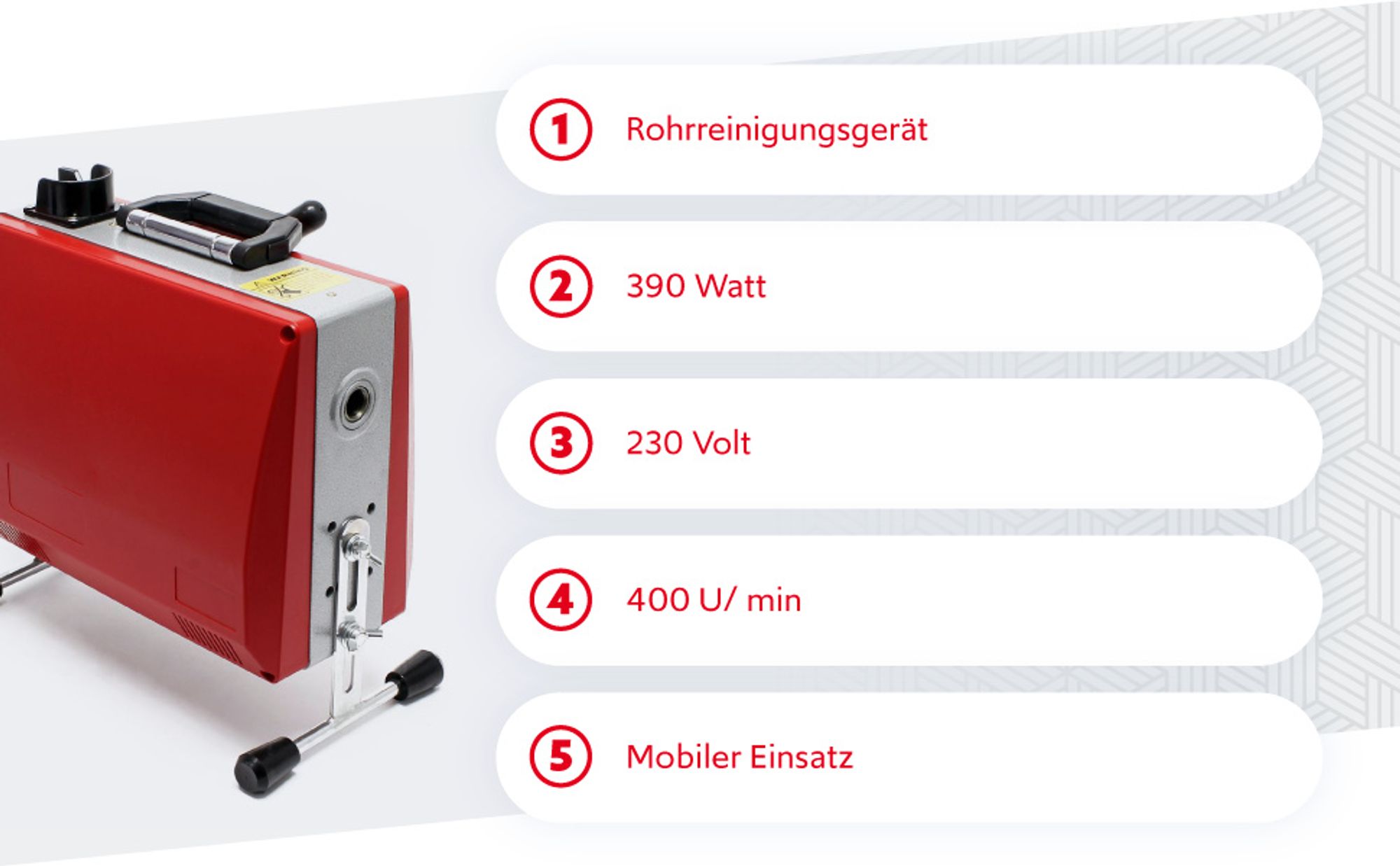 Profi Rohrreinigungsmaschine 390W 400 U/min inkl. 6 Spiralen Ø 16mm & umfangreichem Zubehör