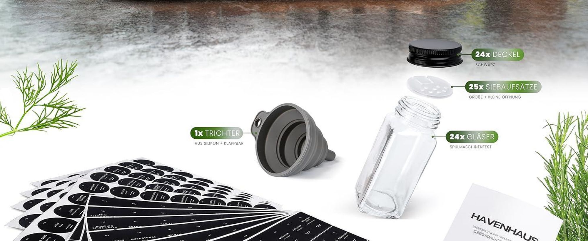 𝗛𝗔𝗩𝗘𝗡𝗛𝗔𝗨𝗦 Gewürz Organizer Set I 24x Gewürzgläser eckig [120ml] mit Streuaufsätzen & Deckel luftdicht I 24x Gewürzgläser Glas mit 336 moderne