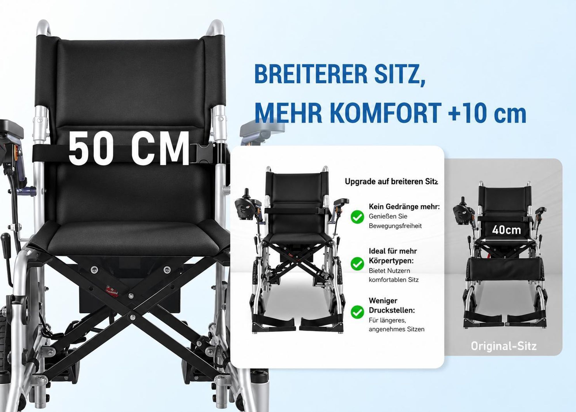 Elektrorollstuhl faltbar, breiter Faltrollstuhl mit 50 cm Sitzbreite, Joystick, Armlehnen, Fußstützen, bis 150 kg, Pflegebedarf, Senioren