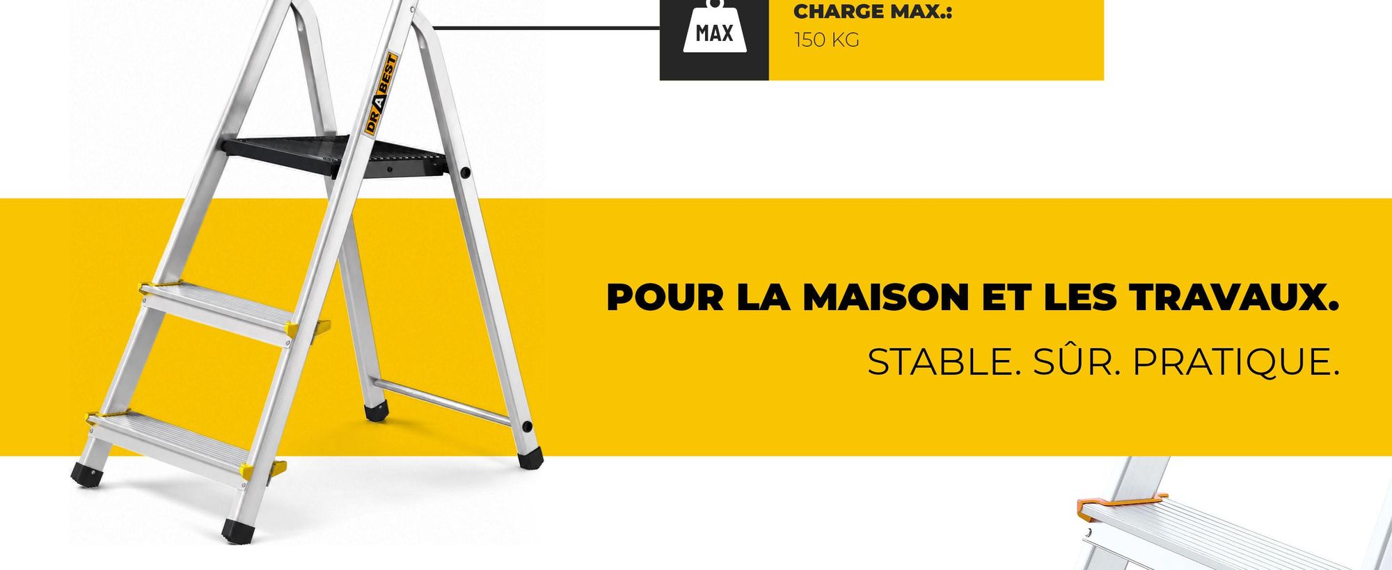 Drabest | Échelle - Échelle multifonction PRO - 3 marches - Échelle simple - Aluminium - Stable et sûre - Avec crochets - Capacité de charge 150 kg