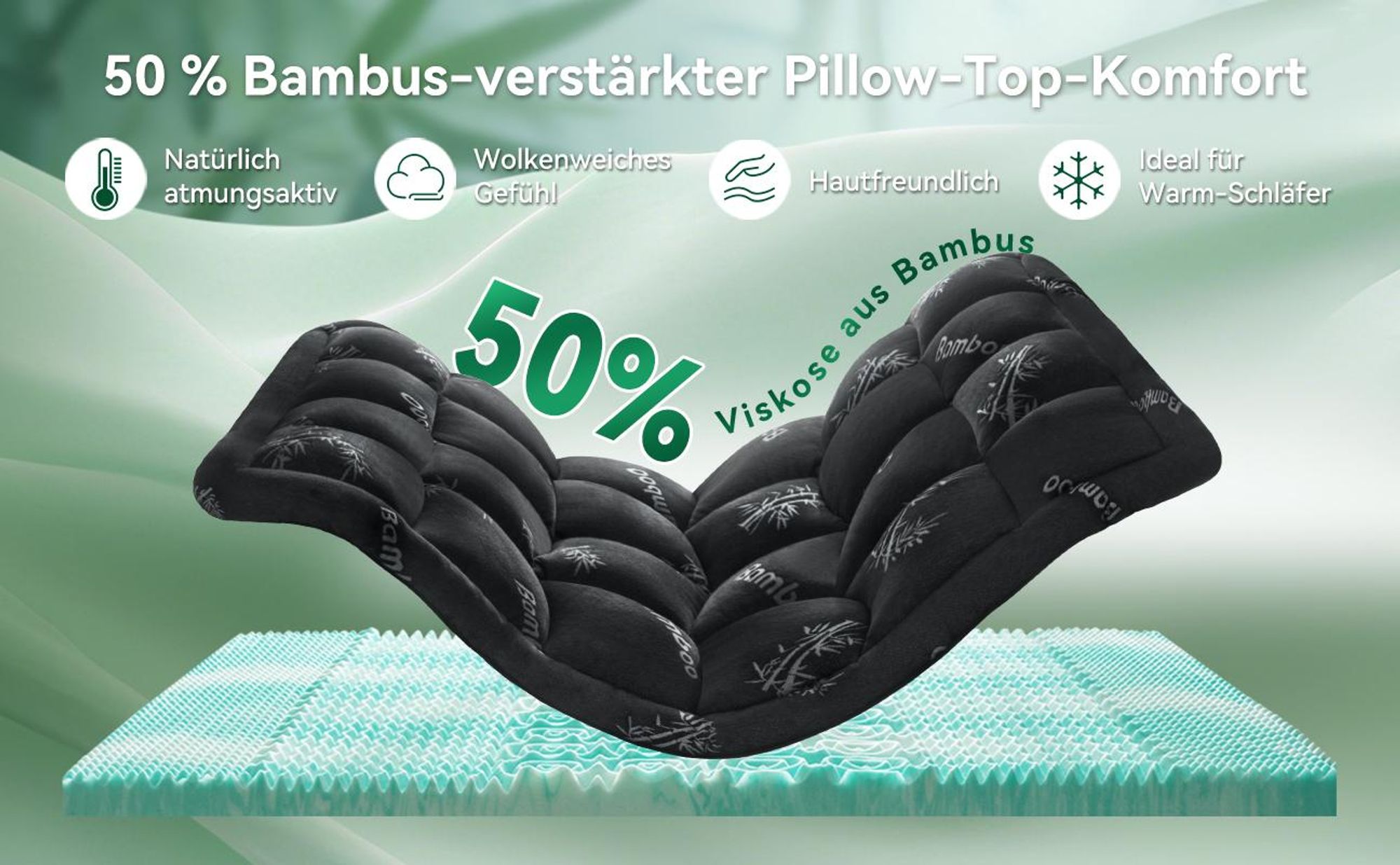NicePlus 2-in-1 Topper, 120x200X7cm, 5-Zonen Memory Foam + Bambus-Pillow-Top, mit Eckgummis für alle Matratzen, H2/H3, Schwarz