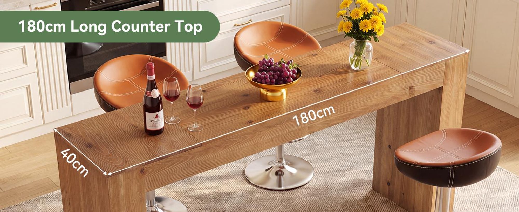 Stehtisch, 180 cm langer Bartisch aus Massivholz, Rechteckiger Stehtisch im Landhausstil, schmale Kaffeebar für Küche, Esszimmer, Wohnzimmer, Bistro